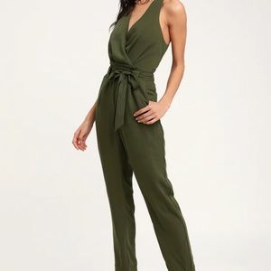 LULUS in the city olive green surplice sleeveless jumpsuit